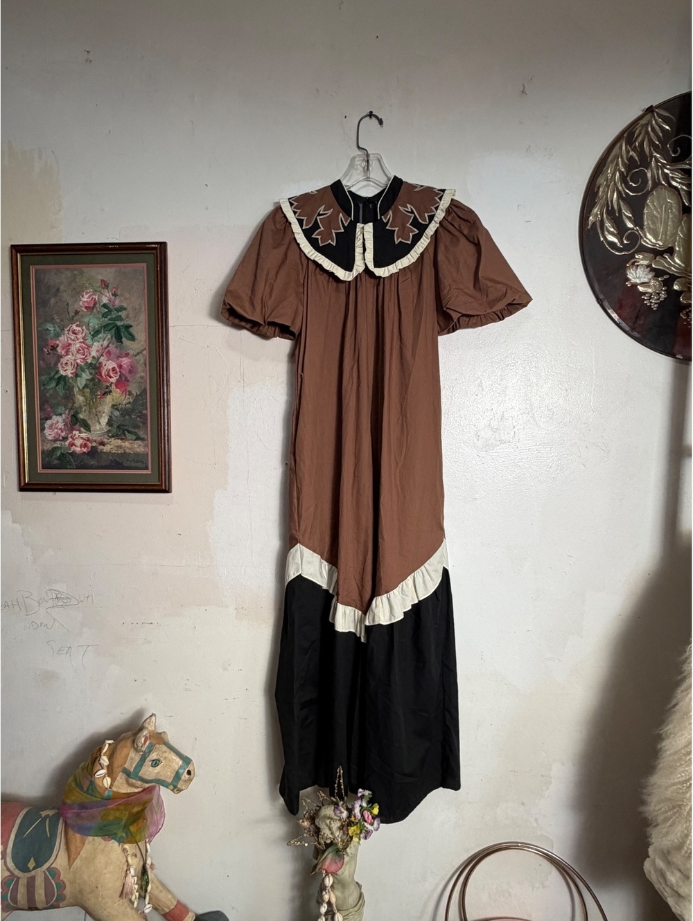 Vintage Style Brown and Black Long Hawaiian Dress